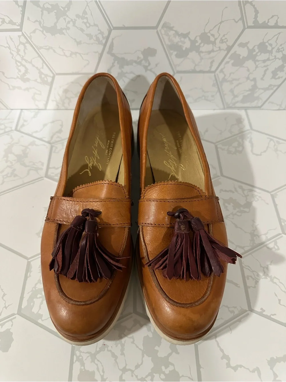 Frye Tan Leather Tassel Loafers with Dark Brown Tassels
